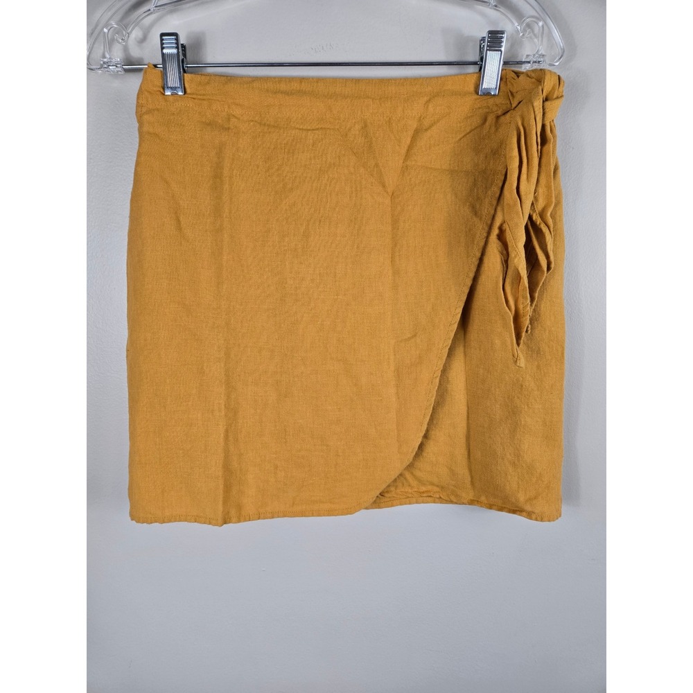 Zara Mustard Yellow Linen Blend Wrap Mini Skirt with Side Tie Size S - Picture 3 of 8